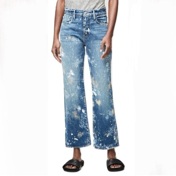 Frame Jeans Le Sylvie Kick Boot Out Paint Splatter Fray High Rise Crop Denim 24 - Picture 9 of 11